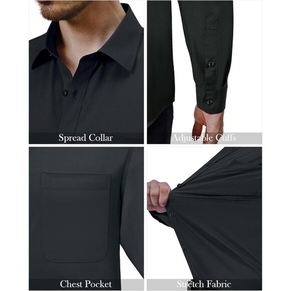 Mens 4-Way Stretch Long Sleeve Collared Casual Dating Button Down Dress Shirt - Picture 5 of 6